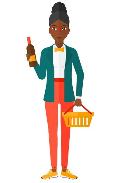 Клієнт з кошиком і пляшкою вина . — стоковий вектор