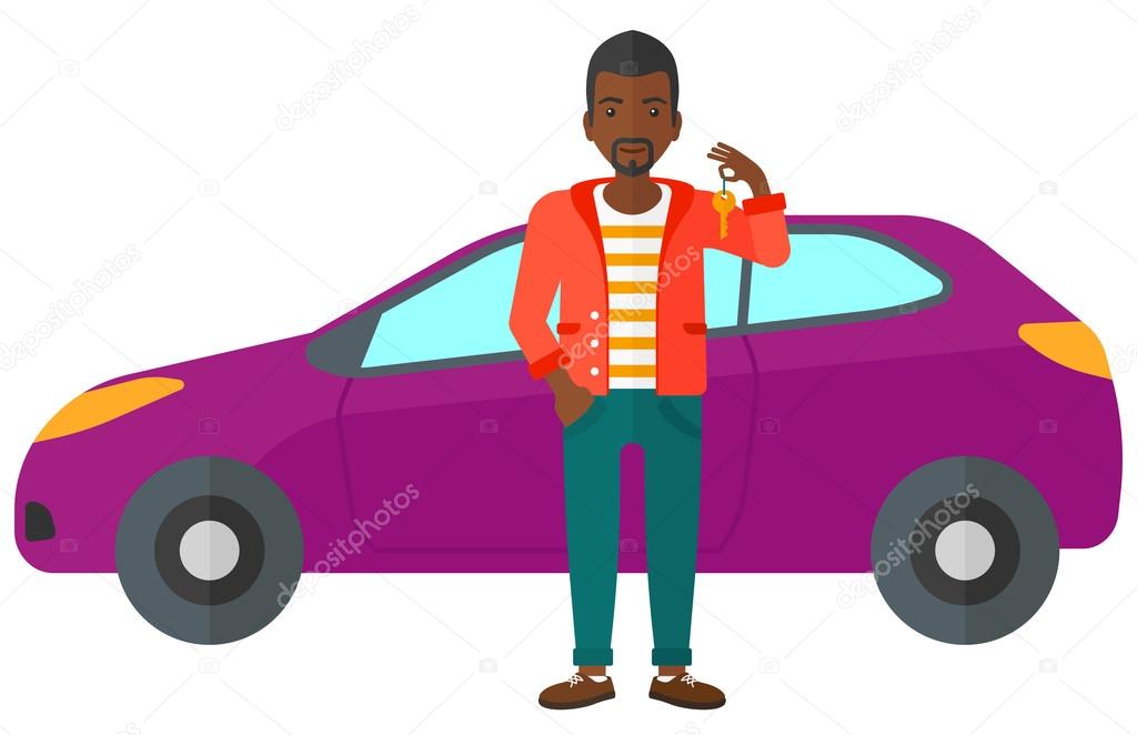 Man holding key from new car.