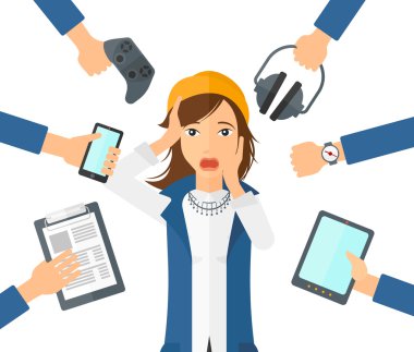 Desperate woman with gadgets.