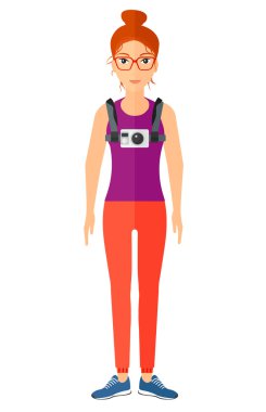 Woman with camera on chest.