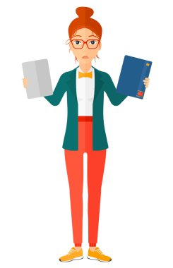 Woman choosing between book and tablet.