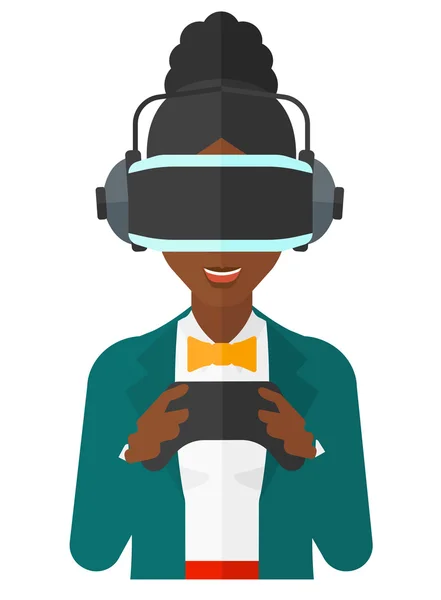 Mujer en la grieta oculus y consola en las manos . — Vector de stock