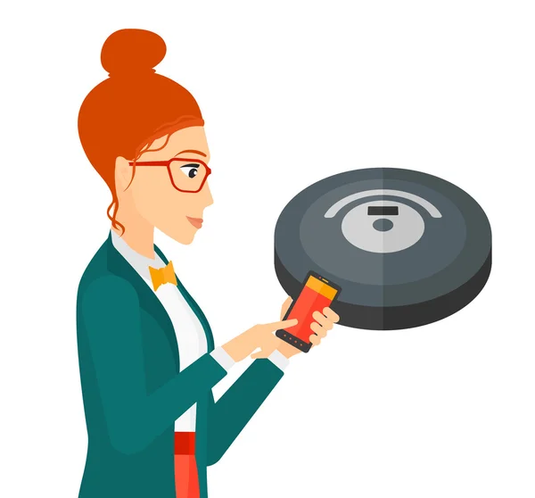 Woman with robot vacuum cleaner. — Stock Vector
