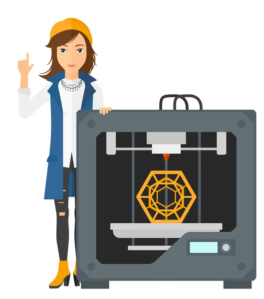 Mujer con impresora 3D . — Vector de stock