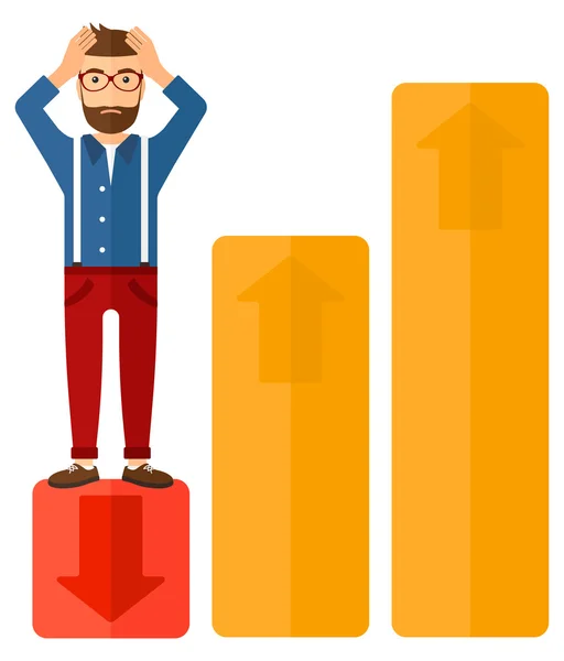 Düşük grafik üzerinde duran işadamı. — Stok Vektör