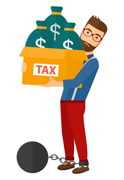 Chained man with bags full of taxes. — Stock Vector