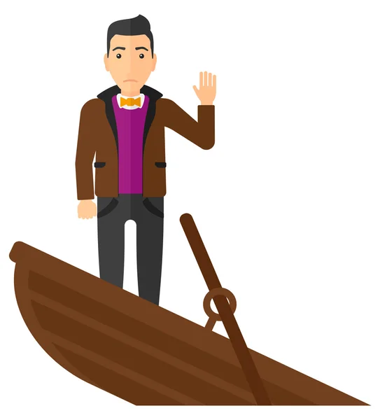 Empresario de pie en barco hundido . — Vector de stock