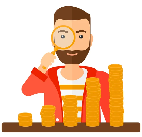 Man with magnifier and golden coins. — Stock Vector