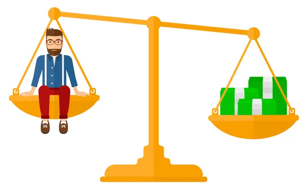 Man sitting on scale with coins. — Stockvector