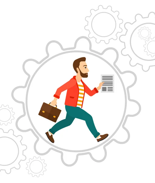 Man running inside the gear. — Stock Vector