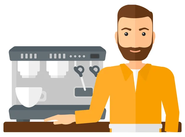 Barista de pie cerca de cafetera . — Vector de stock