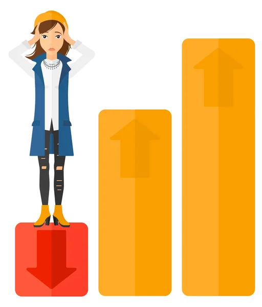 Business woman standing on low graph. — Stock Vector