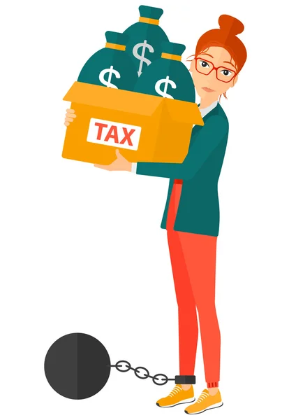 Frau mit Taschen voller Steuern angekettet. — Stockvektor