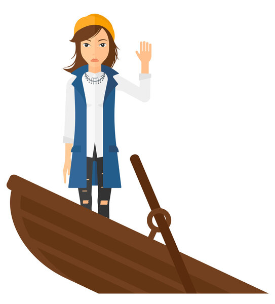 Business woman standing in sinking boat.