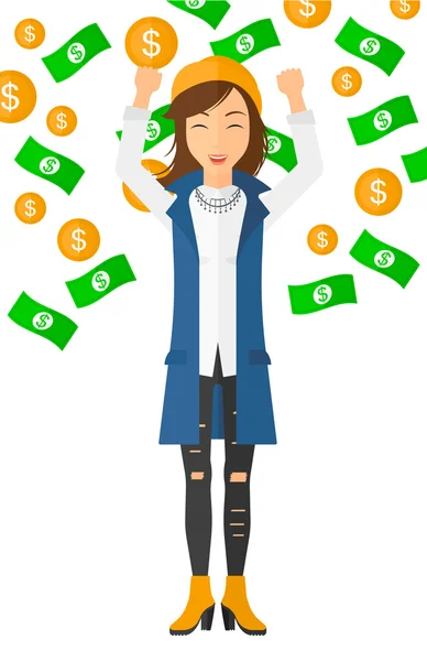 Mujer feliz con dinero volador . — Vector de stock