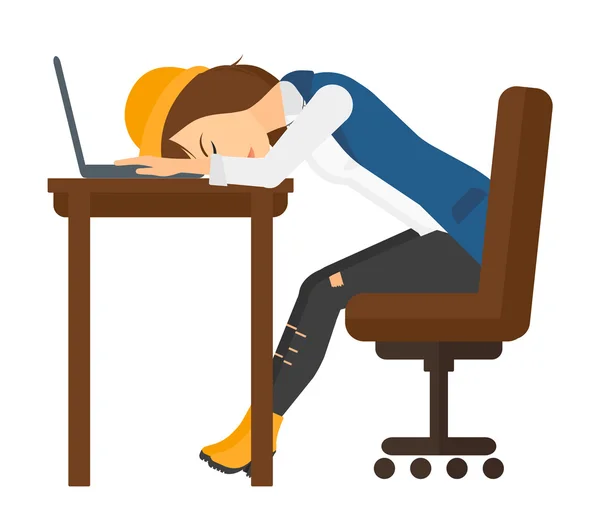Mujer durmiendo en el lugar de trabajo . — Vector de stock
