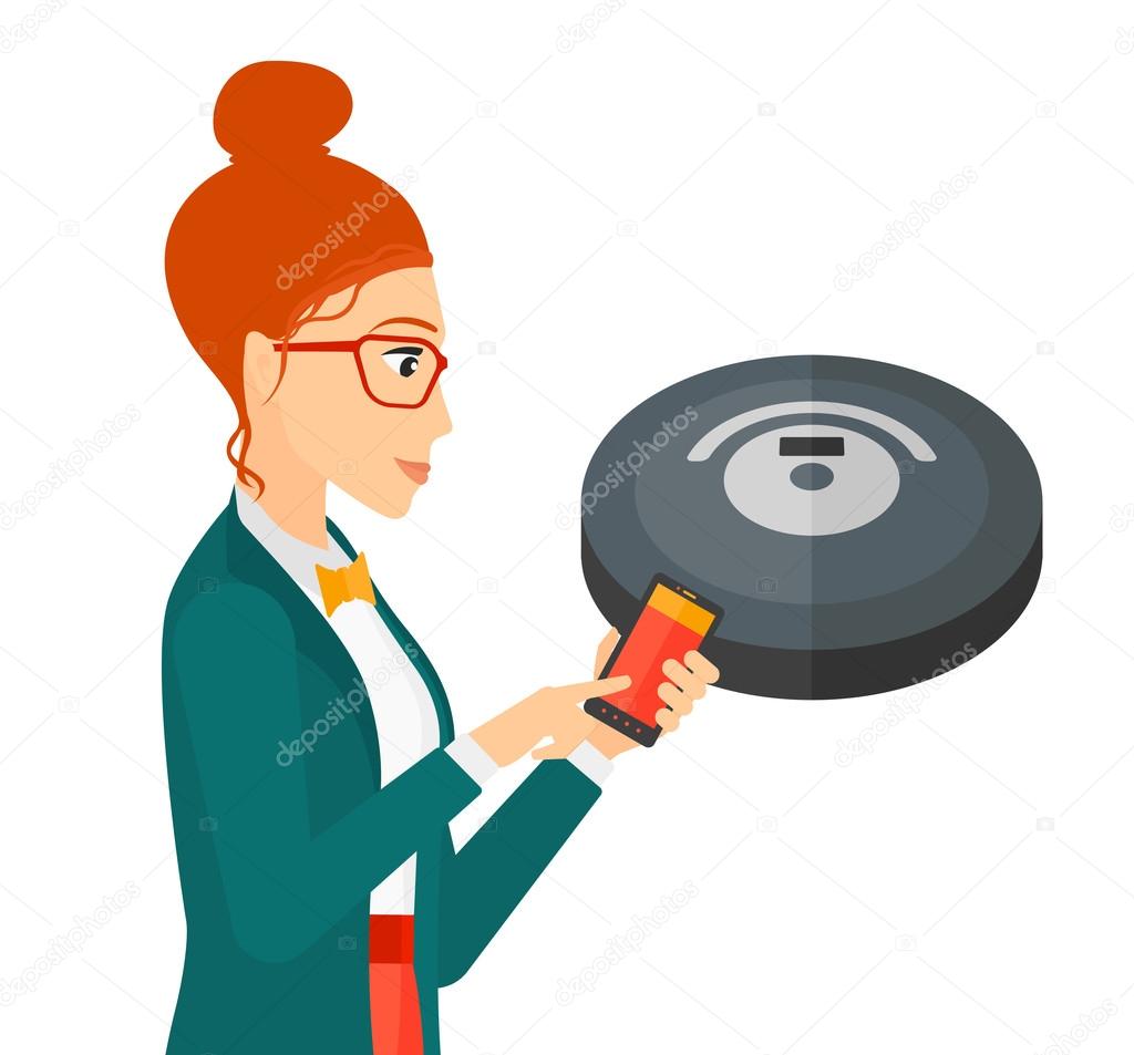 Woman with robot vacuum cleaner.
