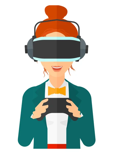 Mujer con auriculares de realidad virtual . — Vector de stock