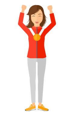 Atlet madalya ve ellerini kaldırdı.