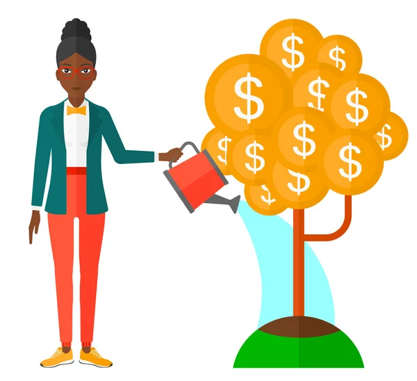 Woman watering money tree. — Stock Vector