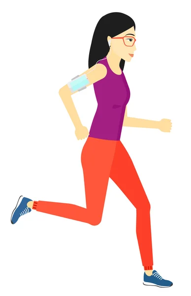 Mujer corriendo con auriculares y smartphone . — Vector de stock