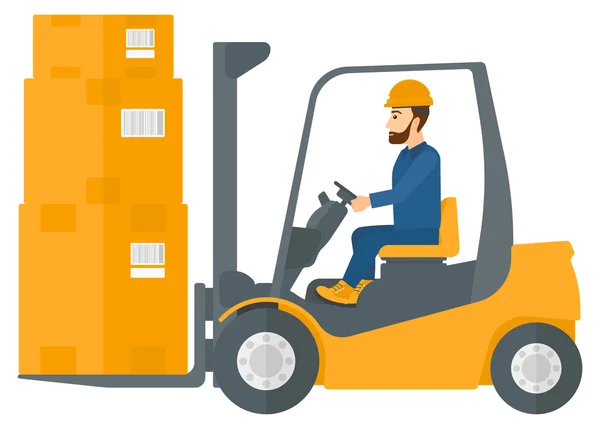 Worker moving load by forklift truck. — Stock Vector