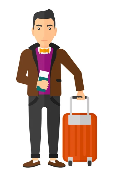 Mann steht mit Koffer und Fahrkarte. — Stockvektor