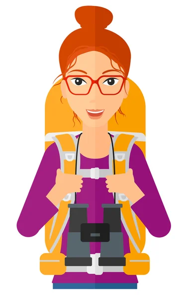 Cheerful backpacker with binoculars. — Stock Vector