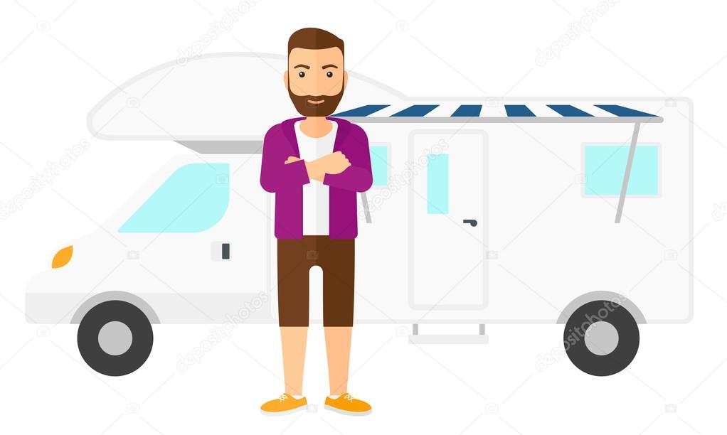 Man standing in front of motor home.