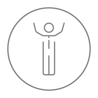 Man with raised arms line icon.