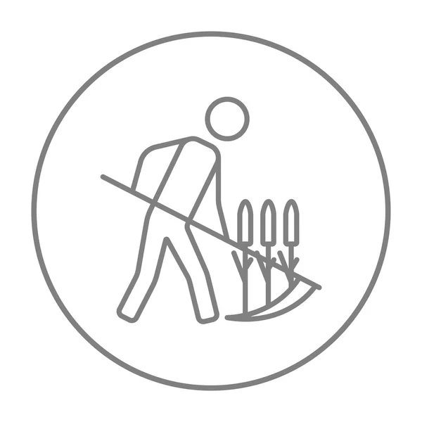 Man mowing grass with scythe line icon. — Stock Vector