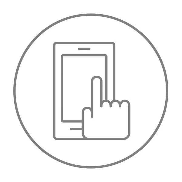 Finger pointing at smart phone line icon. — Stock Vector