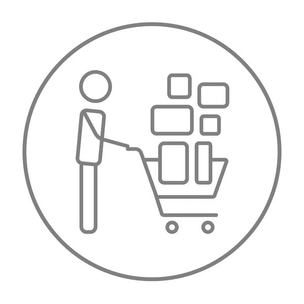 Hombre empujando carrito de compras icono de línea . — Vector de stock