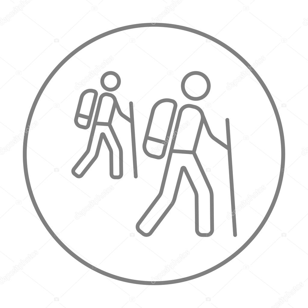 Tourist backpackers line icon.