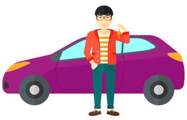 Yeni araba anahtarını tutan adam.