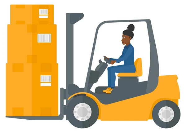 Worker moving load by forklift truck. — Stock Vector