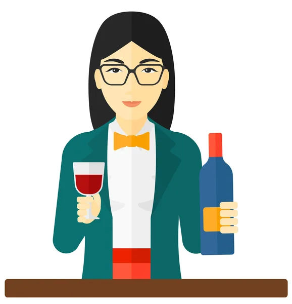 Mujer alegre con botella y vidrio . — Vector de stock