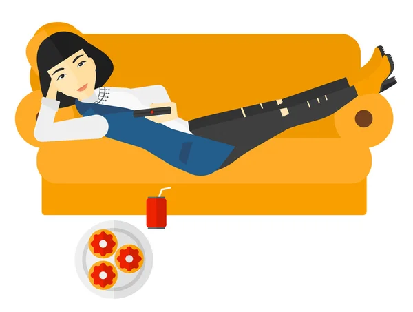 Woman lying on sofa with junk food. — ストックベクタ