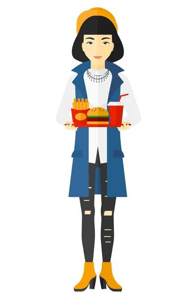 Mujer con comida rápida. — Vector de stock