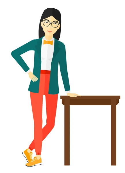 Mujer apoyada en la mesa . — Vector de stock