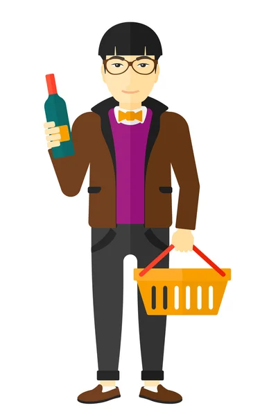 Client avec panier et bouteille de vin . — Image vectorielle