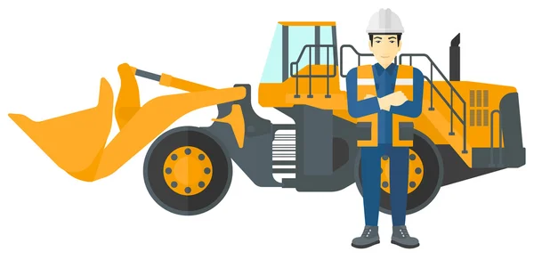 Miner with mining equipment on background. — Stock Vector