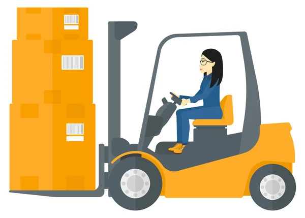 Worker moving load by forklift truck. — Stock Vector