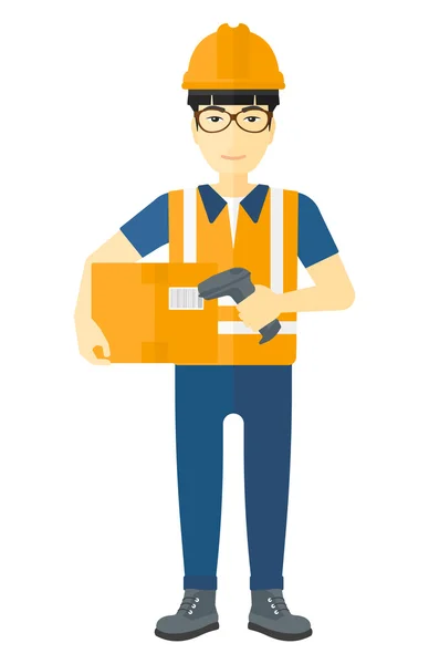 Worker checking barcode on box. — Stock Vector
