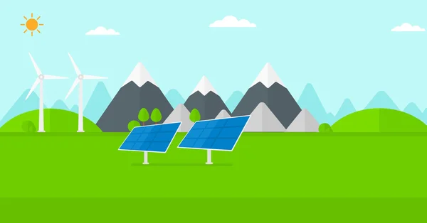 Antecedentes de paneles solares y turbinas eólicas en montañas . — Vector de stock