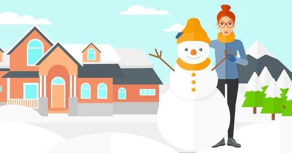 Mulher posando perto boneco de neve . —  Vetores de Stock
