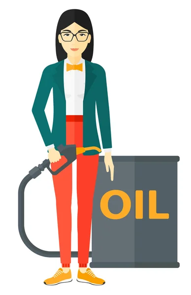 Kobieta z oleju może i napełniania dyszy. — Wektor stockowy