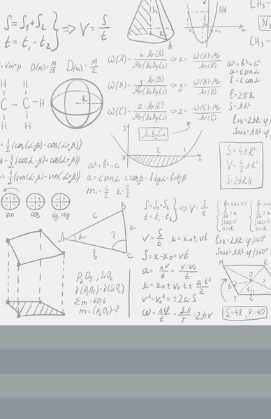 Background of white blackboard with mathematical equations.