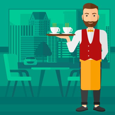 Waiter holding tray with beverages.