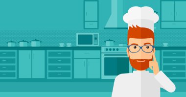 Chef pointing forefinger up.